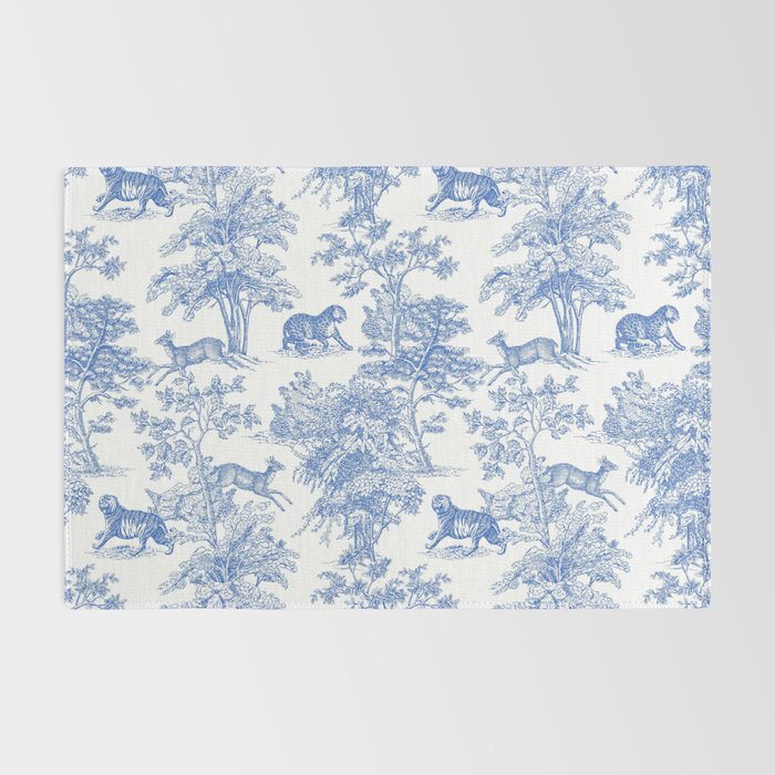Toile de Jouy Vintage French Exotic Jungle Forest Blue & White Rug Gallery Image 2