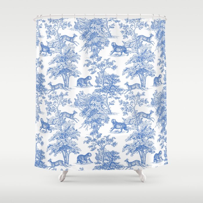 Toile de Jouy Vintage French Exotic Jungle Forest Blue & White Shower Curtain Gallery Image 1