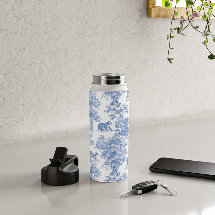 Toile de Jouy Vintage French Exotic Jungle Forest Blue & White Water Bottle Gallery Image 4