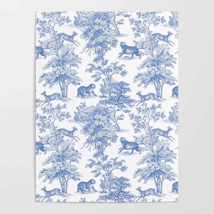 Toile de Jouy Vintage French Exotic Jungle Forest Blue & White Poster Gallery Image 4