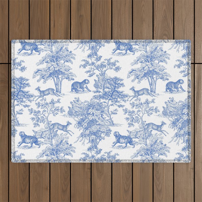 Toile de Jouy Vintage French Exotic Jungle Forest Blue & White Outdoor Rug Gallery Image 1