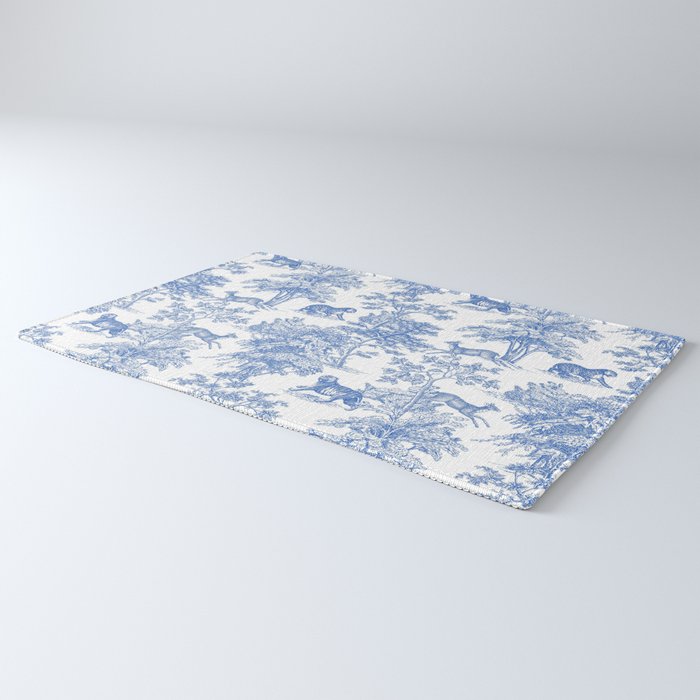 Toile de Jouy Vintage French Exotic Jungle Forest Blue & White Rug Gallery Image 3
