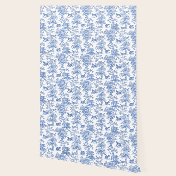 Toile de Jouy Vintage French Exotic Jungle Forest Blue & White Wallpaper Gallery Image 2