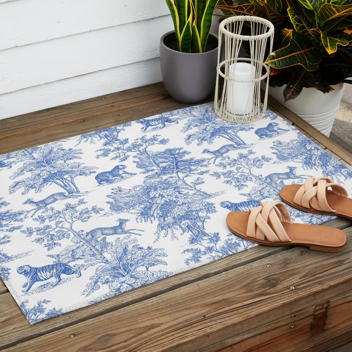 Toile de Jouy Vintage French Exotic Jungle Forest Blue & White Outdoor Rug Gallery Image 2