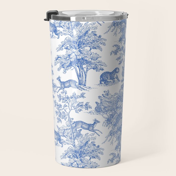 Toile de Jouy Vintage French Exotic Jungle Forest Blue & White Travel Mug Gallery Image 3