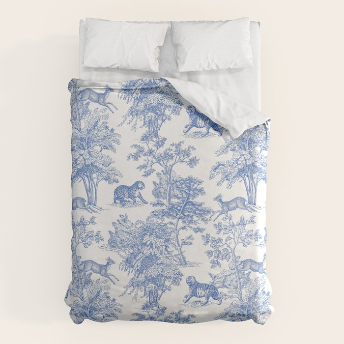 Toile de Jouy Vintage French Exotic Jungle Forest Blue & White Duvet Cover Gallery Image 1