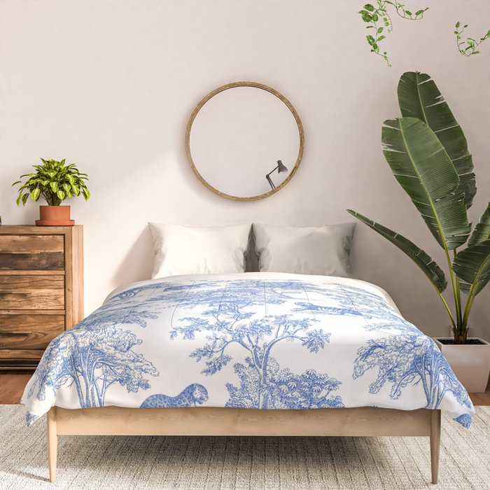 Toile de Jouy Vintage French Exotic Jungle Forest Blue & White Comforter Gallery Image 3