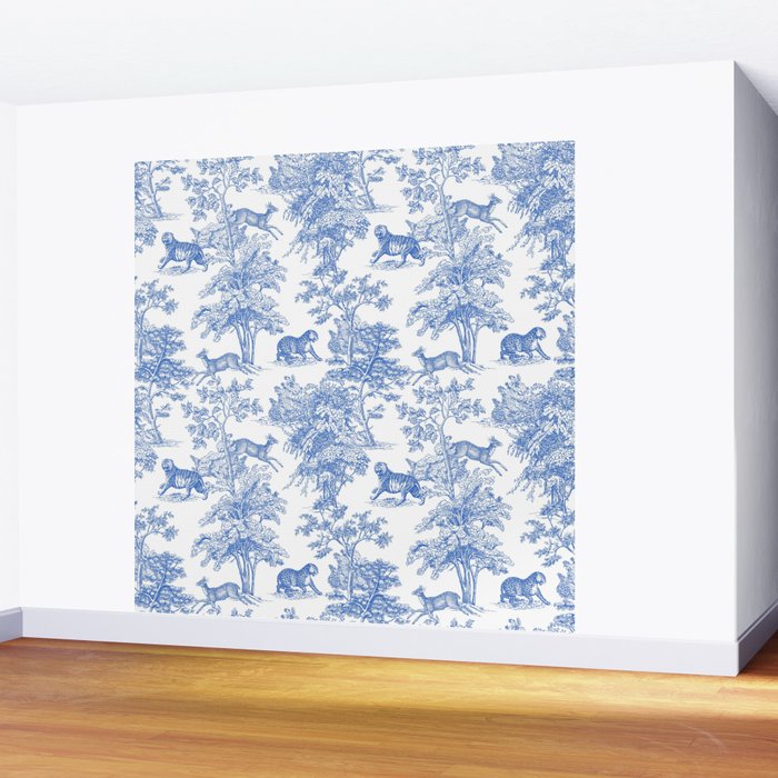 Toile de Jouy Vintage French Exotic Jungle Forest Blue & White Wall Mural Gallery Image 2