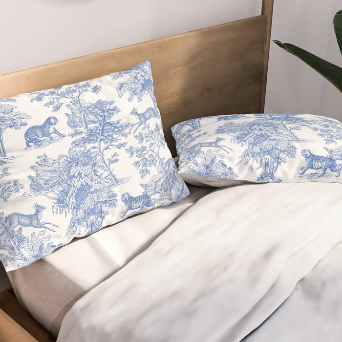 Toile de Jouy Vintage French Exotic Jungle Forest Blue & White Pillow Sham Gallery Image 2