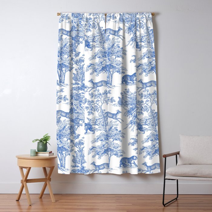 Toile de Jouy Vintage French Exotic Jungle Forest Blue & White Window Curtain Gallery Image 5