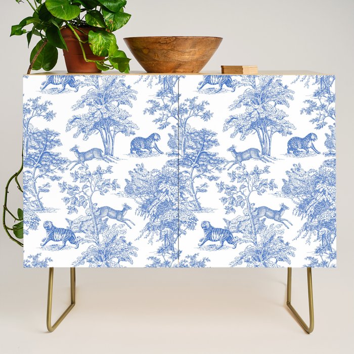 Toile de Jouy Vintage French Exotic Jungle Forest Blue & White Credenza Gallery Image 1