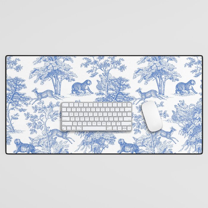 Toile de Jouy Vintage French Exotic Jungle Forest Blue & White Desk Mat Gallery Image 1