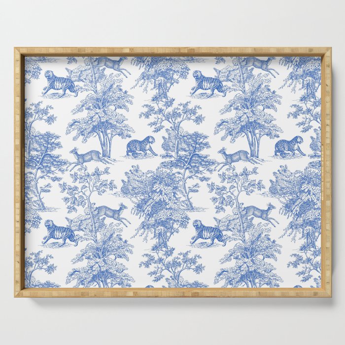Toile de Jouy Vintage French Exotic Jungle Forest Blue & White Serving Tray Gallery Image 1