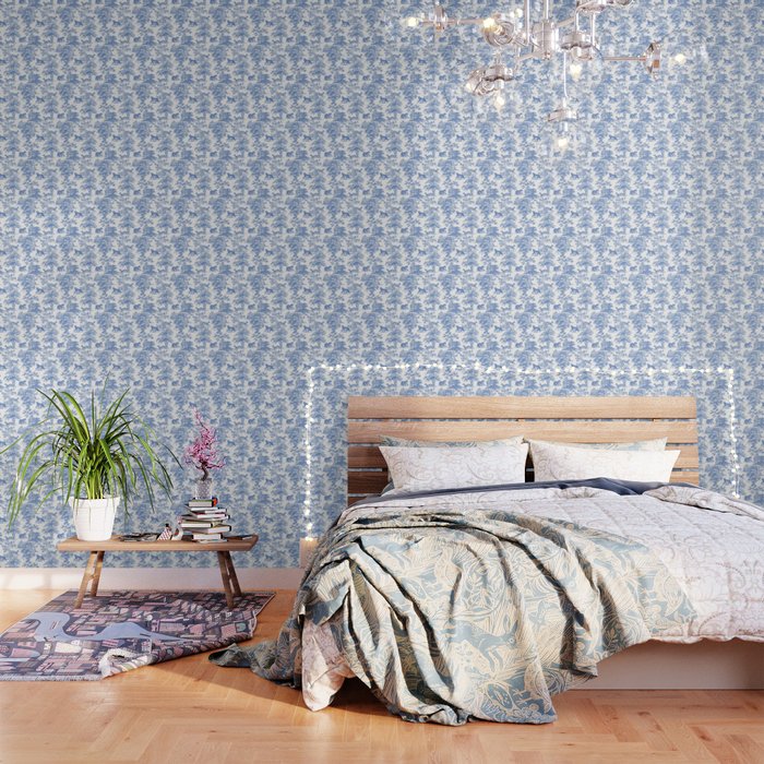 Toile de Jouy Vintage French Exotic Jungle Forest Blue & White Wallpaper Gallery Image 3