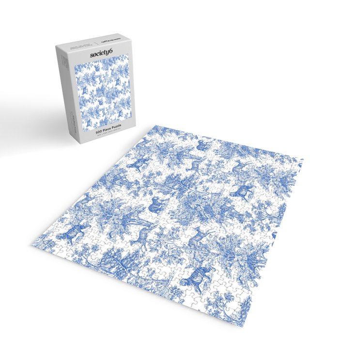 Toile de Jouy Vintage French Exotic Jungle Forest Blue & White Jigsaw Puzzle Gallery Image 2