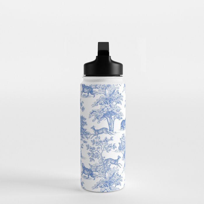 Toile de Jouy Vintage French Exotic Jungle Forest Blue & White Water Bottle Gallery Image 3