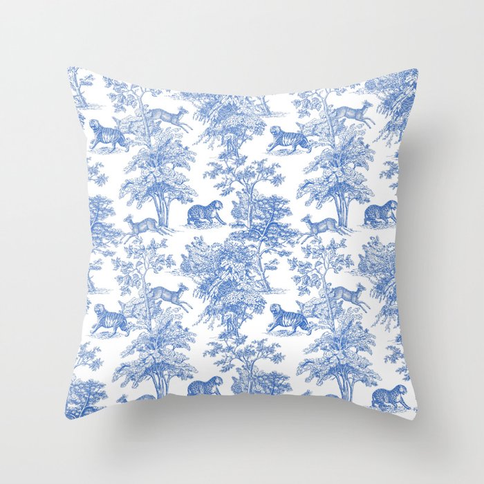 Toile de Jouy Vintage French Exotic Jungle Forest Blue & White Throw Pillow Gallery Image 6