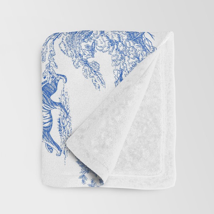 Toile de Jouy Vintage French Exotic Jungle Forest Blue & White Throw Blanket Gallery Image 3