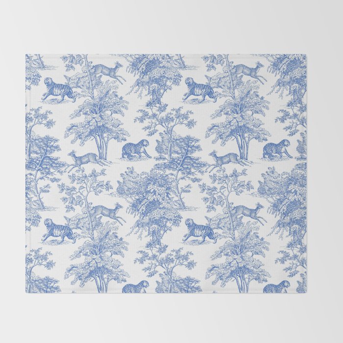 Toile de Jouy Vintage French Exotic Jungle Forest Blue & White Throw Blanket Gallery Image 2