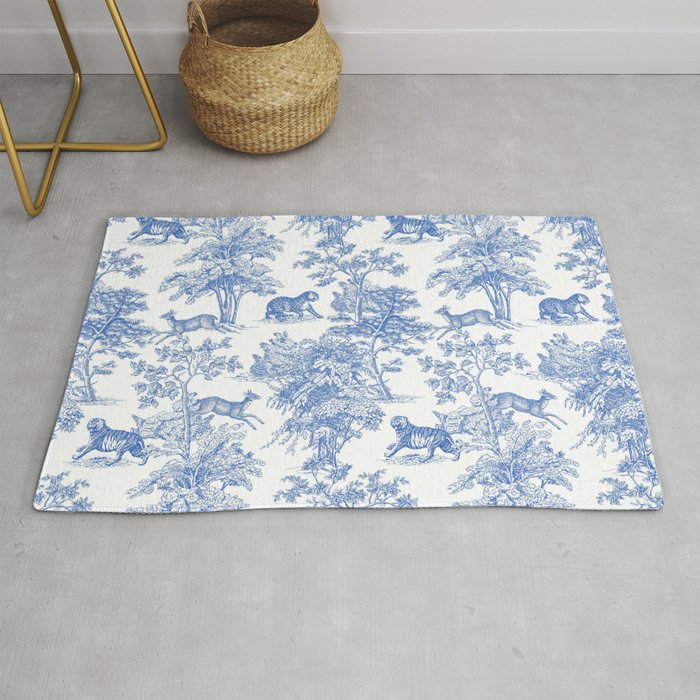 Toile de Jouy Vintage French Exotic Jungle Forest Blue & White Rug Gallery Image 1