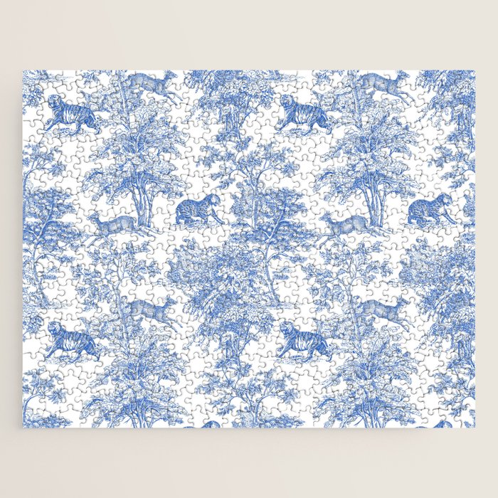 Toile de Jouy Vintage French Exotic Jungle Forest Blue & White Jigsaw Puzzle Gallery Image 1