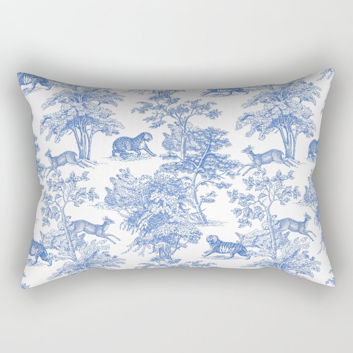 Toile de Jouy Vintage French Exotic Jungle Forest Blue & White Rectangular Pillow Gallery Image 2
