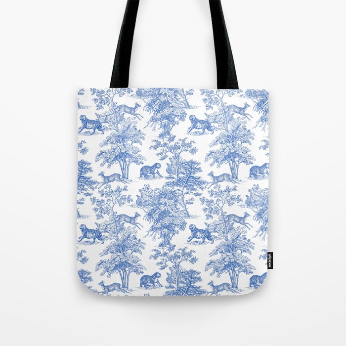 Toile de Jouy Vintage French Exotic Jungle Forest Blue & White Tote Bag Gallery Image 1