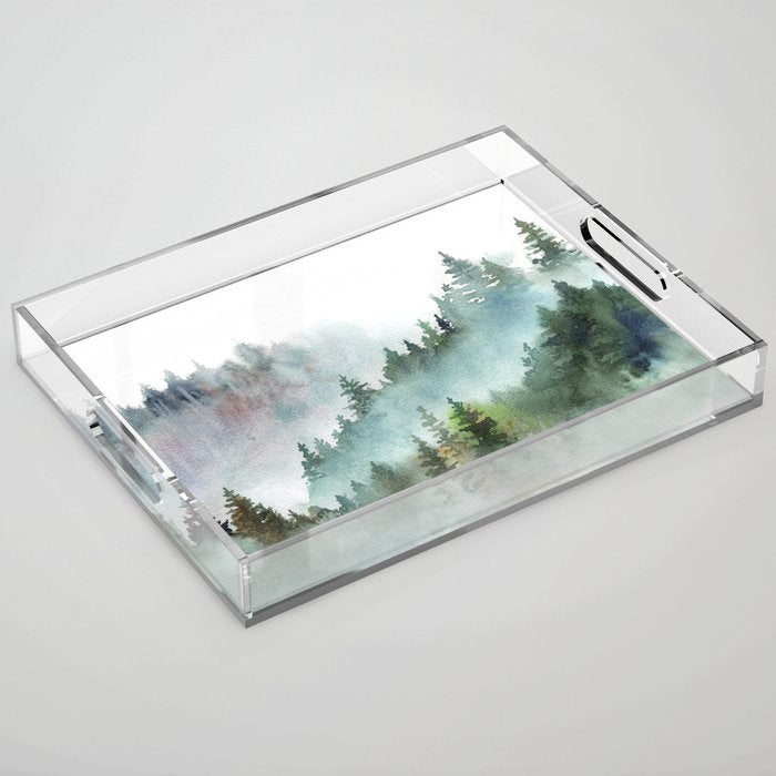 Watercolor Pine Forest Mountains in the Fog Acrylic Tray Gallery Image 1