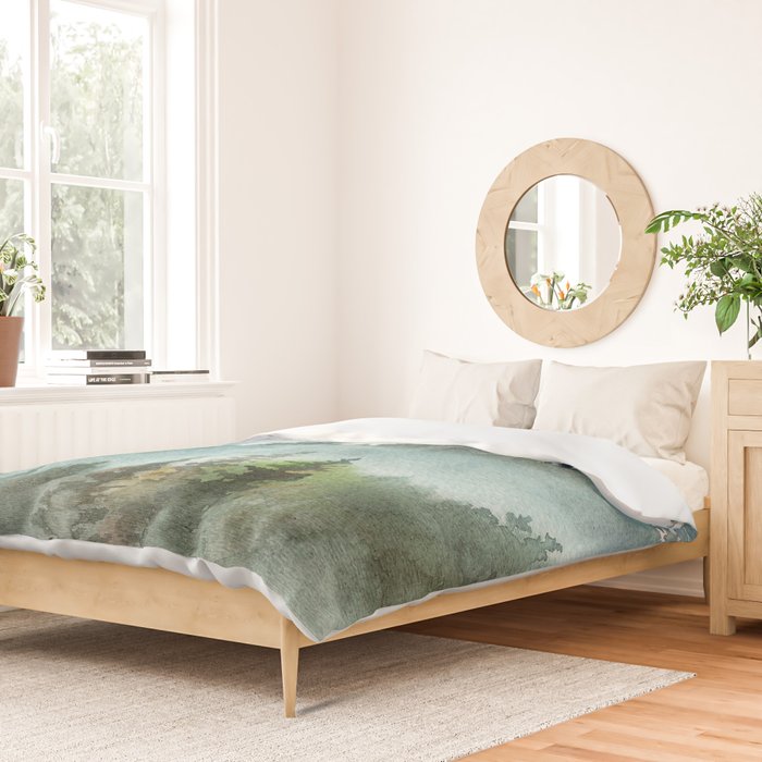 Watercolor Pine Forest Mountains in the Fog Duvet Cover Gallery Image 2