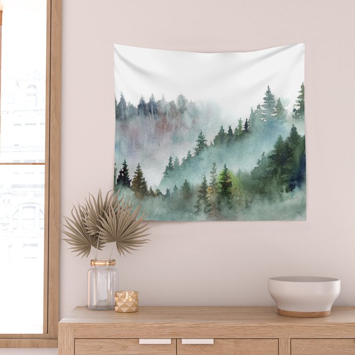 Watercolor Pine Forest Mountains in the Fog Wall Tapestry Gallery Image 2