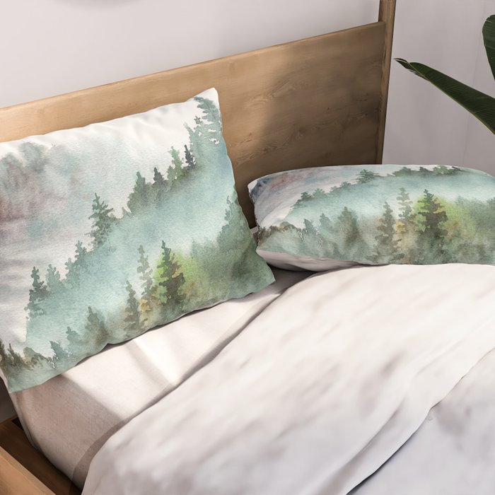 Watercolor Pine Forest Mountains in the Fog Pillow Sham Gallery Image 2