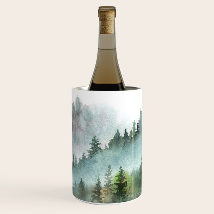Watercolor Pine Forest Mountains in the Fog Wine Chiller Gallery Image 1