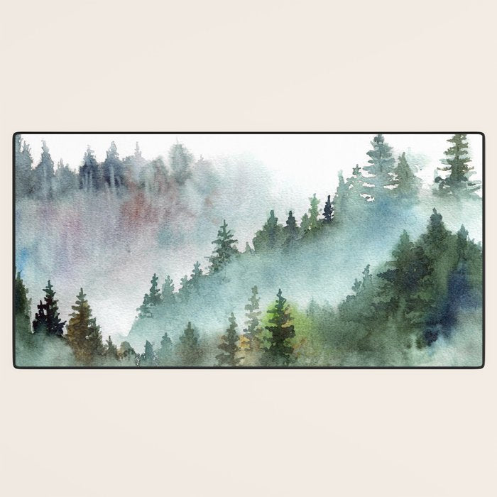 Watercolor Pine Forest Mountains in the Fog Desk Mat Gallery Image 3
