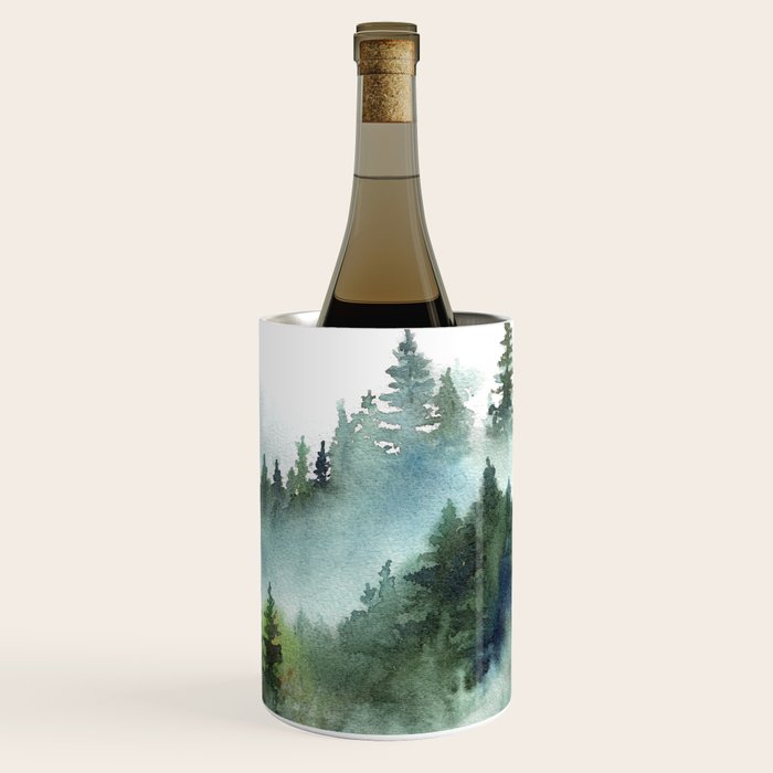 Watercolor Pine Forest Mountains in the Fog Wine Chiller Gallery Image 3