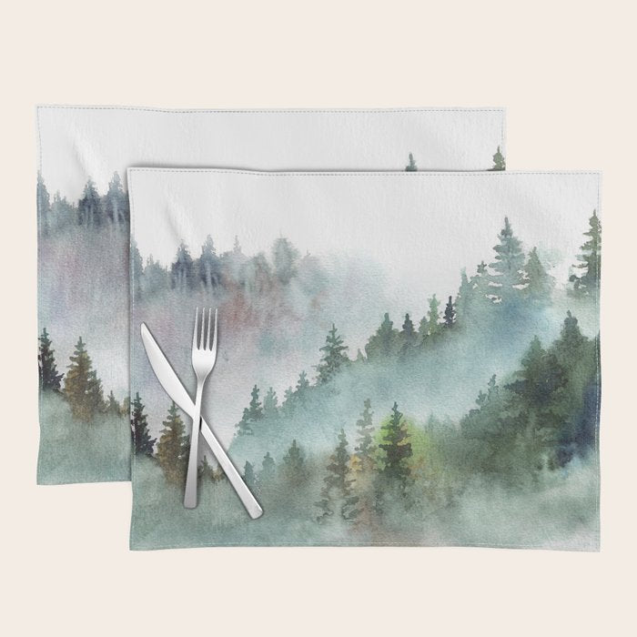 Watercolor Pine Forest Mountains in the Fog Placemat Gallery Image 1