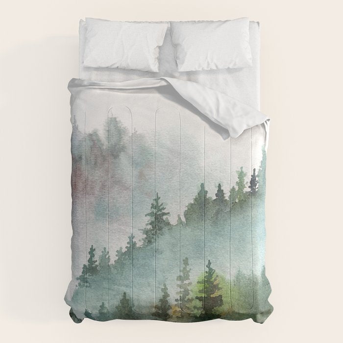 Watercolor Pine Forest Mountains in the Fog Comforter Gallery Image 6