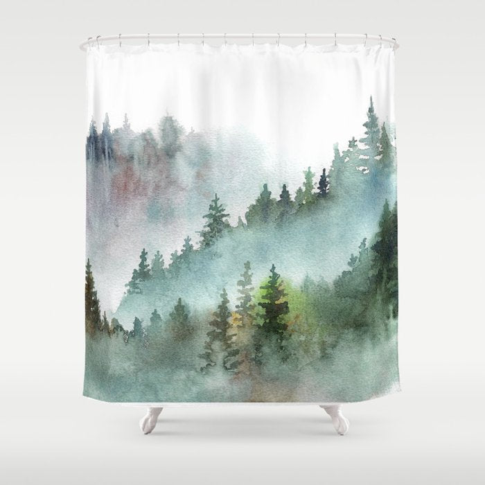 Watercolor Pine Forest Mountains in the Fog Shower Curtain Gallery Image 1