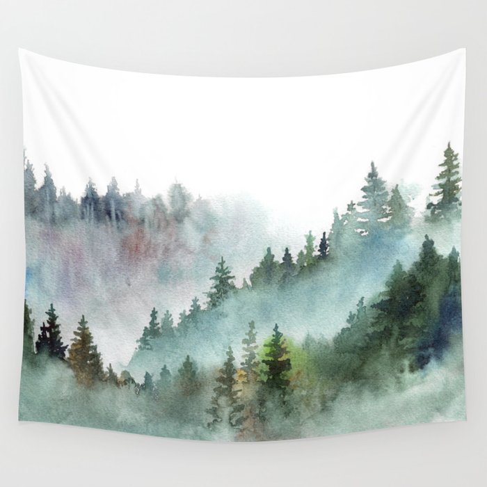 Watercolor Pine Forest Mountains in the Fog Wall Tapestry Gallery Image 4