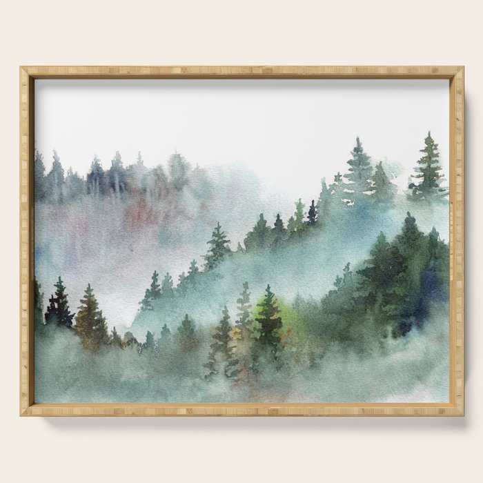 Watercolor Pine Forest Mountains in the Fog Serving Tray Gallery Image 1