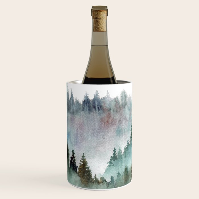 Watercolor Pine Forest Mountains in the Fog Wine Chiller Gallery Image 2