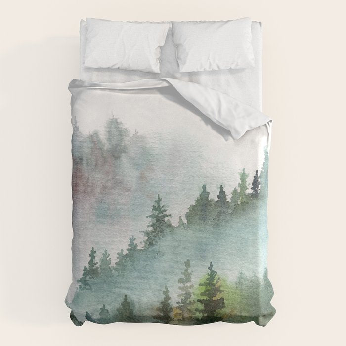 Watercolor Pine Forest Mountains in the Fog Duvet Cover Gallery Image 6