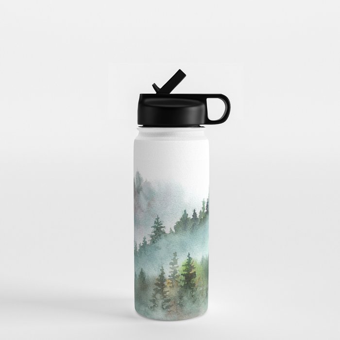 Watercolor Pine Forest Mountains in the Fog Water Bottle Gallery Image 1