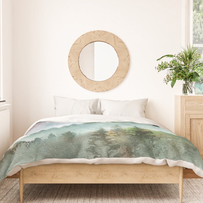 Watercolor Pine Forest Mountains in the Fog Duvet Cover Gallery Image 3