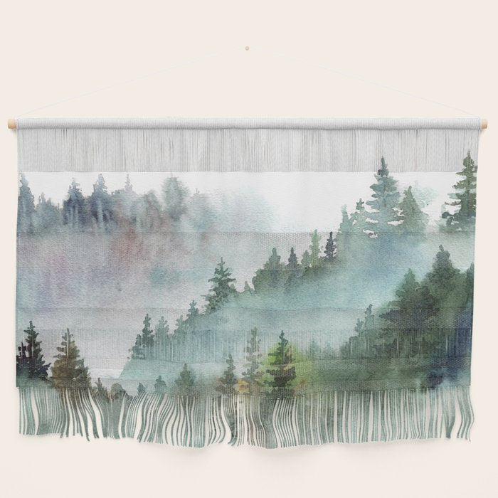 Watercolor Pine Forest Mountains in the Fog Wall Hanging Gallery Image 1