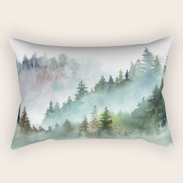 Watercolor Pine Forest Mountains in the Fog Rectangular Pillow Gallery Image 1