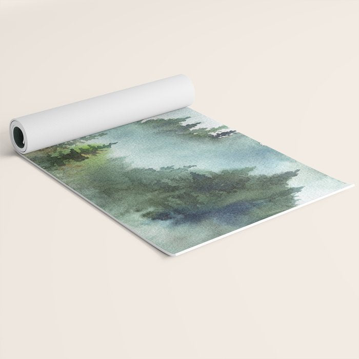 Watercolor Pine Forest Mountains in the Fog Yoga Mat Gallery Image 2