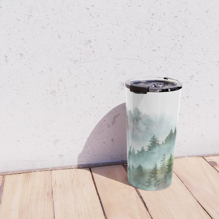 Watercolor Pine Forest Mountains in the Fog Travel Mug Gallery Image 4