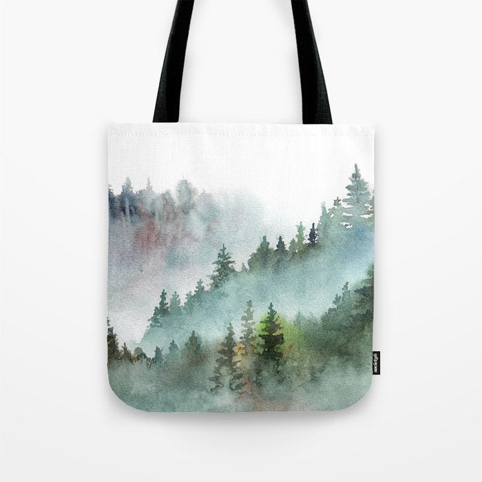 Watercolor Pine Forest Mountains in the Fog Tote Bag Gallery Image 1