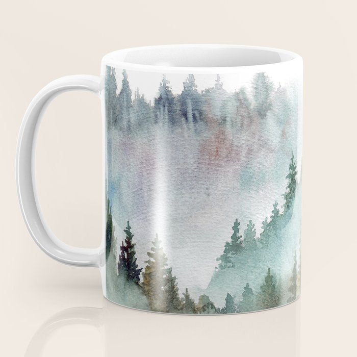 Watercolor Pine Forest Mountains in the Fog Coffee Mug Gallery Image 3
