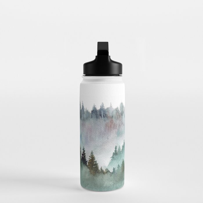 Watercolor Pine Forest Mountains in the Fog Water Bottle Gallery Image 3